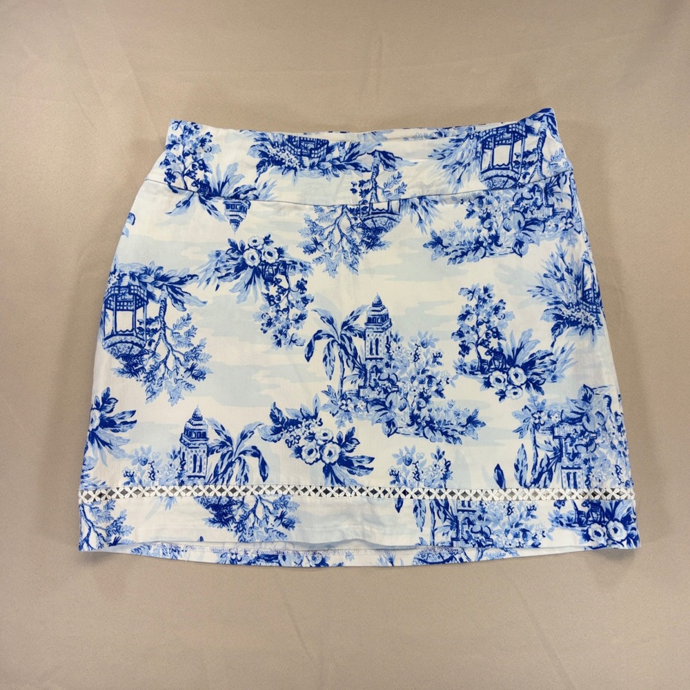 Crown & Ivy Skort Womens 12 Blue White Toile Chinoiserie Eyelet Trim Mini Skirt
